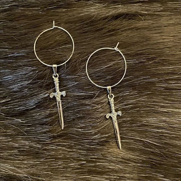 HighMaintenanceHippie Medium Silver Hoop Earrings with Excalibur Swords - Picture 3 of 3
